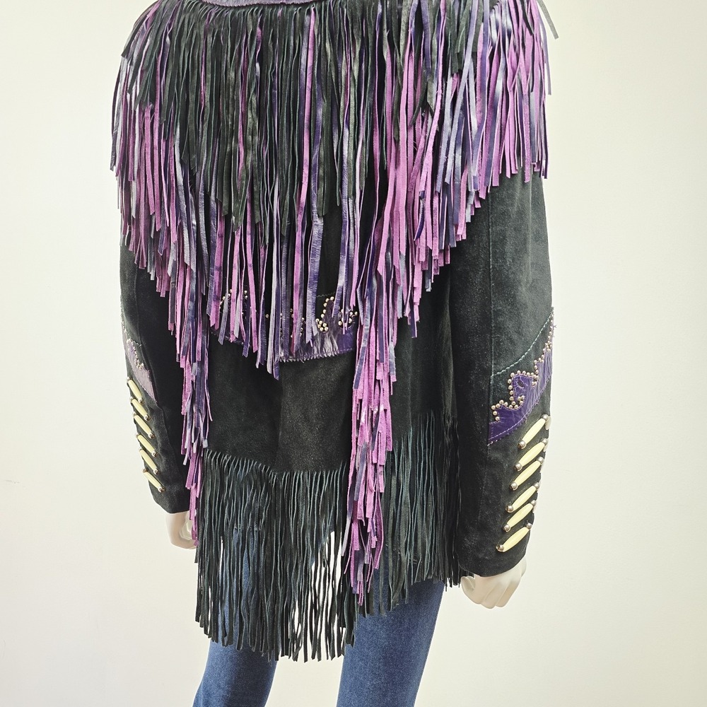 Leather Gallery Western Fringe Suede Jacket Cowgirl Southwest Beaded Size M Snap - Picture 12 of 15